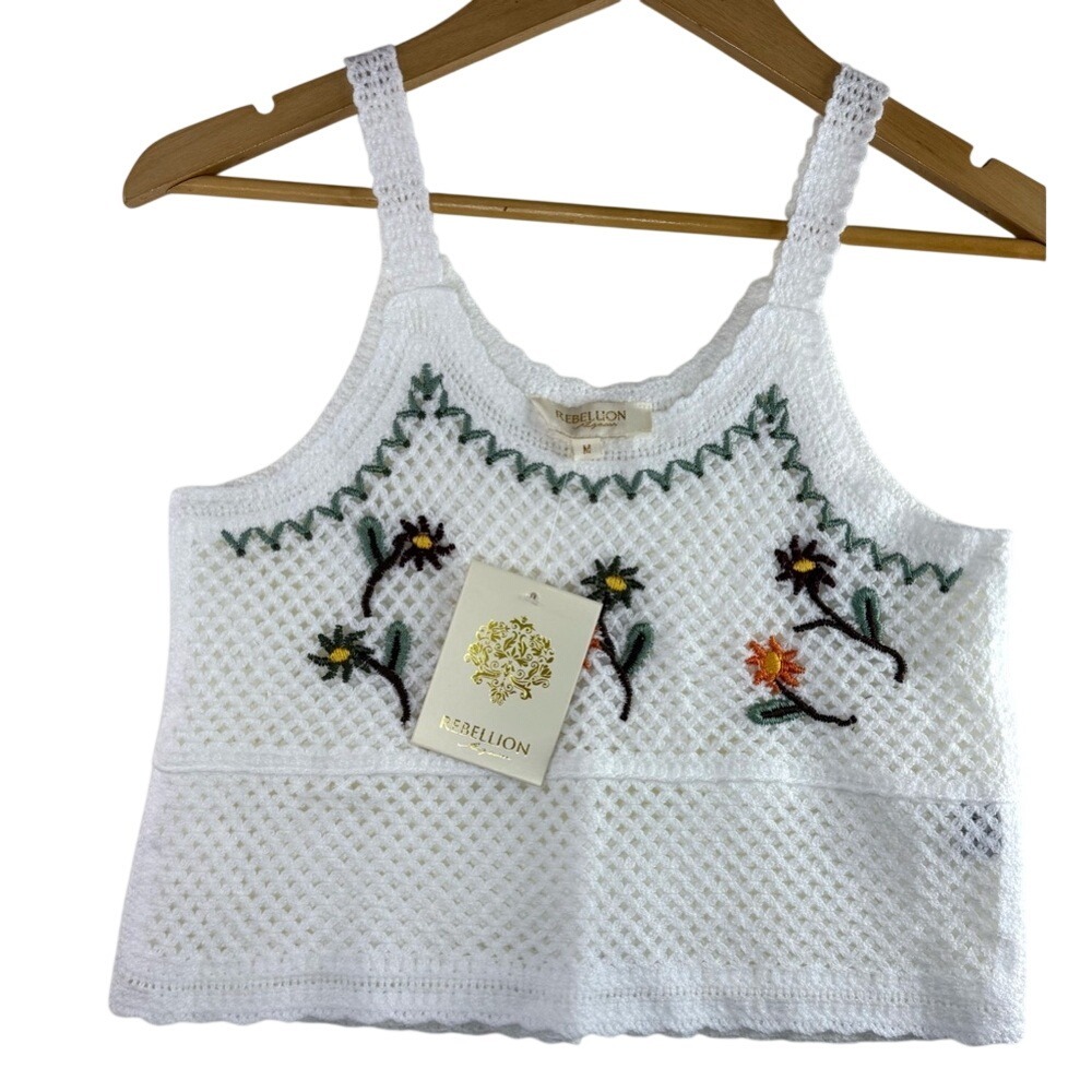 NEW‎ White Boho Multi Floral Crochet Knit Crop Cottageore Coquette Tank Medium
